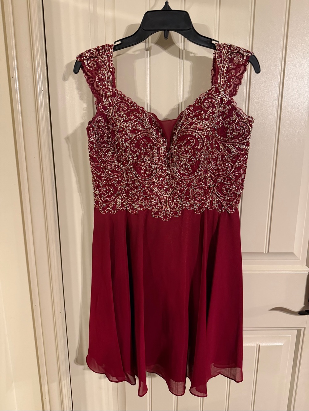 J.Elizabeth Beaded Wine-Red Prom Dress